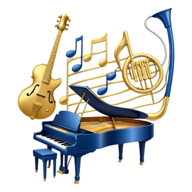 Create an elegant and artistic emoji that represents music arrangement and orchestration. The design should feature musical notes, a set of piano keys, a drum set, and an electric guitar to symbolize the diverse elements of orchestration and arrangement. Include a conductor's baton to emphasize the role of a conductor in bringing all the instruments together. Use a mix of rich colors like gold, silver, and deep blue for sophistication, and add flowing lines to represent the harmony between different instruments. The background should be transparent. sticker