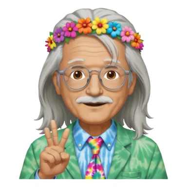 elderly man with long grey hair, glasses, peace sign necklace, tie-dye clothing, flower crown sticker