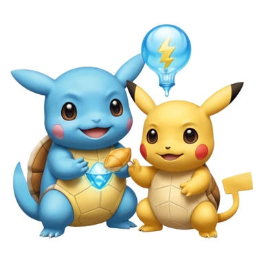  Pikachu has a light to share, but Squirtle has none. Pikachu sees this is unfair, so he shares the light with Squirtle. They smile and eat together. Show this as a cute Pokémon emoji scene about justice and fairness.

 sticker