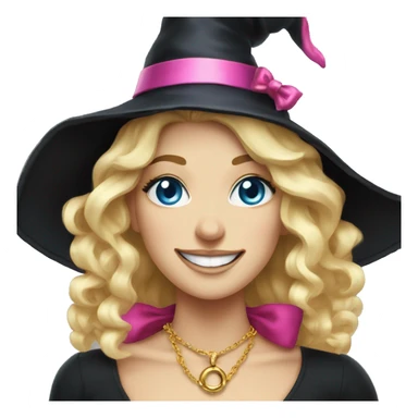 Blonde blue eyed witch smiling, wearing a gold necklace and a black witch hat with a pink bow sticker