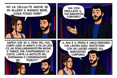 TRASFORMA QUESTO CAROSELLO IN UN FUMETTO CON QUESTE DUE PERSONE IDENTICHE CHE INTERLOQUISCONO TRA LORO:

LEI: Ho la cellulite anche se mi alleno e mangio bene, cosa posso fare?

LUI: Hai controllato il tuo baricentro corporeo?
Sapevi che se il peso del tuo corpo cade in avanti o da un lato, c’è un disallineamento fra bacino e torace, che comprimendo le coste, limita la motilità del diaframma e l’ossigenazione dei tessuti?
Il mio è il primo e unico percorso che lavora sugli inestetismi con un lavoro mirato sul baricentro corporeo. sticker