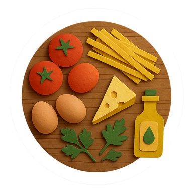 A realistic top-down view of a wooden kitchen table with various common ingredients neatly arranged (like tomatoes, pasta, eggs, cheese, herbs, olive oil). The background should be dark and soft to match a modern app interface. Lighting should highlight the ingredients naturally, with soft shadows. No text, no hands, minimalistic but warm and homely, like a mobile UI background for a cooking app. Should be circle sticker