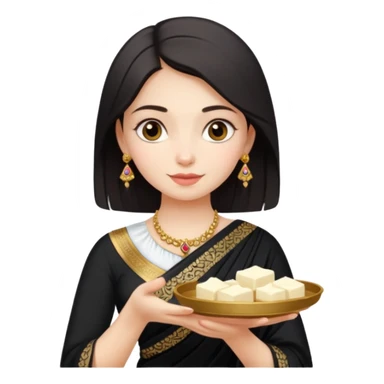 Russian girl in Indian black saree with full image from head to leg and holding a cream colour small tray in her both hands sticker