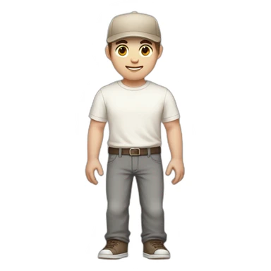 Pale skinned fit Man with dark brown hair in a beige cap, gray jeans, brown polo and white T-shirt keeping a pasted with tape white box into his hands sticker
