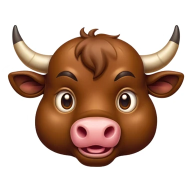 Cinematic Comical Brown Bull Portrait Emoji, Head tilted dramatically with an exaggeratedly amused expression, featuring a striking, glossy brown hide with a bold natural sheen, wide, expressive dark eyes filled with playful disbelief, Simplified yet hilariously expressive features, highly detailed, glowing with a slightly sassy glow, high shine, dramatic yet playful, stylized with an air of cheeky mischief, bright and endearing, soft glowing outline, capturing the essence of a spirited and over-the-top bull, so meme-worthy it feels like it could charge its way into internet fame instantly! sticker