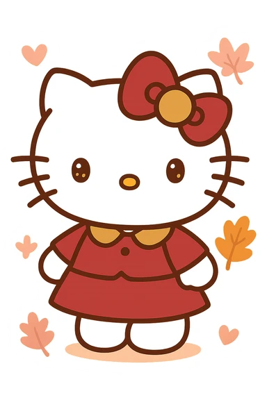 Hello Kitty Autumn Style, with a burgundy and metallic gold bow, and a matching outfit sticker
