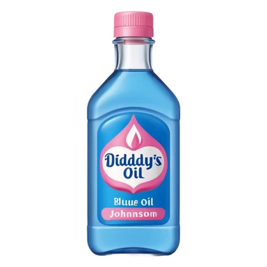 bottle of oil blue top pink outside with logo that says Diddys Oil Johnson and Johnson bottle  sticker