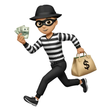 Make a man wear a black pant and he shirt is balck line and white line and wear a black hat and he holding a money bag and he running he wear a black eye thing sticker