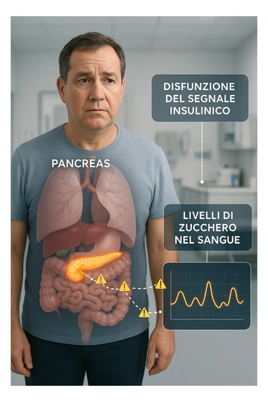 a middle-aged man stands in a clinical setting, with a semi-transparent overlay showing his internal organs. His pancreas is highlighted, and glowing lines or icons indicate disrupted insulin signaling between the pancreas and muscle or fat cells. The man’s expression is slightly concerned, and a digital chart beside him displays fluctuating blood sugar levels. The lighting is realistic, with a clean, modern medical background. scritte in italiano sticker