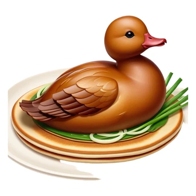 Peking Duck Cinematic Realistic Peking Duck Dish Emoji, depicted as thinly sliced duck breast with crispy skin and succulent meat, rendered with vivid textures and dynamic, appetizing lighting. sticker