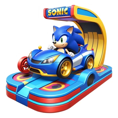 An icon representing an arcade game interface, inspired by Sonic. The design features colorful platforms, loops, and rings, with Sonic racing through a vibrant landscape. The iconic HUD elements, like score and timer, are visible. A transparent background. sticker
