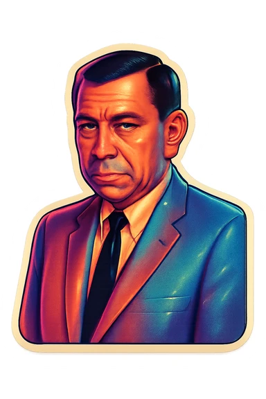 Portrait of this man in retro stickers style, looking serious, no text, neutral background. sticker