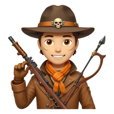 male human monster hunter emoji, wearing brown leather coat and wide hat, holding crossbow or rifle, with amulet shaped like skull, Halloween fantasy theme, confident smile, orange scarf, Apple emoji style, clean white background, square image sticker