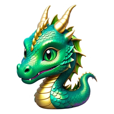 Cinematic Cute Dragon Portrait Emoji, Head tilted playfully and inquisitively, featuring a sleek, serpentine form adorned with iridescent scales that shift between emerald and gold, a delicate set of subtle horns, and round, sparkling eyes full of curious magic; rendered with realistic detail and warm natural light, high shine, affectionate and enchanting, styled with a touch of whimsical fantasy, soft glowing outline, capturing the essence of a mischievous yet lovable dragon that seems poised to slither playfully into your arms! sticker