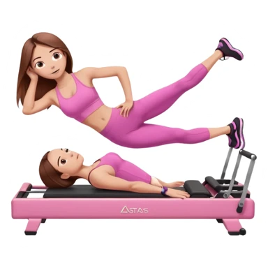 one girl doing a plank on a pilates reformer in a pink workout set with long brown hair sticker