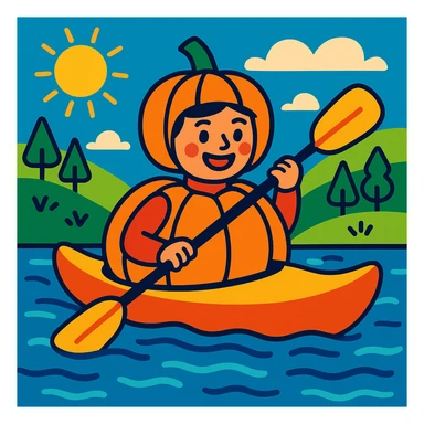 a person in a kayak costume shaped like a pumpkin, cheerful scene, vibrant toon style, joyful and colorful sticker