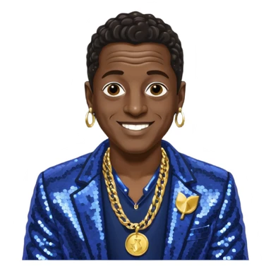 Flavor Flav with dark brown hair, indigo sequin jacket, shirtless with necklace sticker