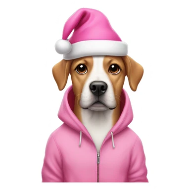 Dog wearing a pink hoodie and a pink Santa hat sticker