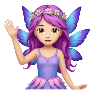 Tan female fairy, long  purple hair, flowers on head,  pastel pink blue and purple wings, wearing a, pastel pink dress, Waving with one hand sticker