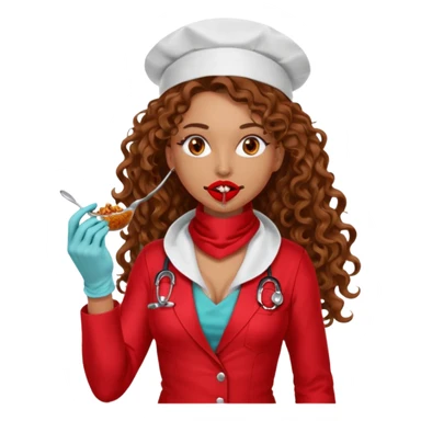 Sensual Spanish Lilith core evil surgeon.red outfit.  Surgeon has hazel eyes. Her hair is BROWN. Hair is also  long and  curly. wearing a sexy surgeon outfit with platform  heels.she is a calculated smart cereal killer. She covers only her mouth and nose with silk scarf to hide identity  sticker