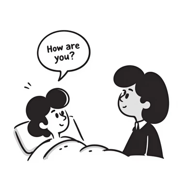 a person in a hospital bed looking concerned, asking 'How are you?' to a visitor, hospital setting with medical equipment, gentle caring expression on patient's face sticker