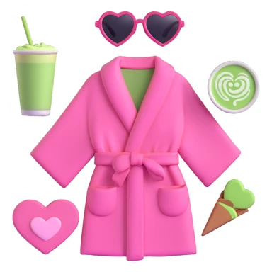 pink robe, heart-shaped sunglasses, matcha latte, and makeup palette arranged together sticker