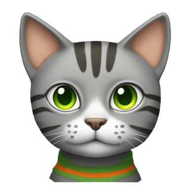 A striped grey cat with green eyes with orange sweater in full growth sticker