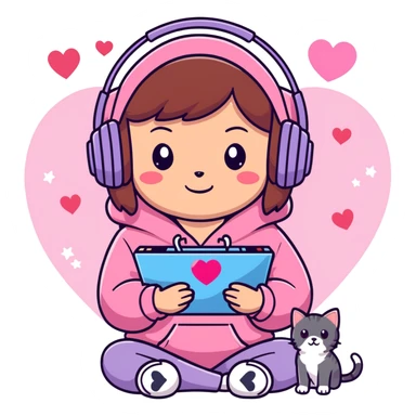 A brown-haired cartoon girl in a pink sparkly hoodie with headphones on, holding a game controller, surrounded by hearts, stars, and a puppy and kitten cuddling at her feet. sticker