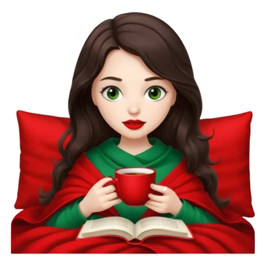 Long wavy dark brown haired, white skinned, dark green eyed girl with red lipstick wrapped in a red and white blanket, sipping tea and reading a book sticker