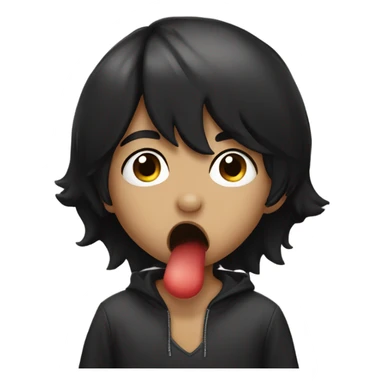 a black haired boy licking a nose sticker