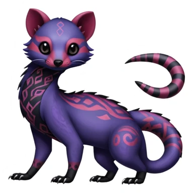 Rare warm-colored exotic gloomy tropical edgy cute epic aesthetic spooky indigo violet purple black red gothic colorful Salandit-Civet-species-Fakemon-hybrid-creature, with tribal tattoo markings, full body sticker