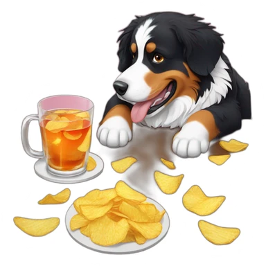 Bernese mountain dog drinnking aperitiv and eating chips sticker