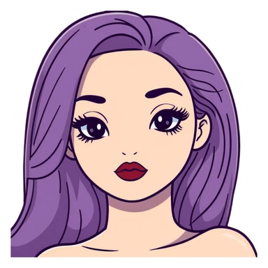 White girl with long oval face, huge round black eyes, big eyelashes, heather berry colored lips, shiny full lips, face closeup with bare shoulders, long straight middle-parted hair sticker