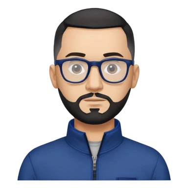 Light-skinned 40-year-old male with buzzcut black hair, gray short beard, black-framed glasses, navy blue zip-collar sports long sleeve shirt sticker