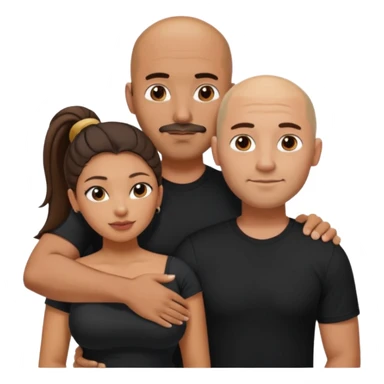A picture of a tanned couple with the man's arm around the woman. the man is a Mexican man with tanned skin, a bald hair cut, short beard and wearing a black shirt. the woman is mixed, with curly hair in a pony tail, with big boobs  sticker