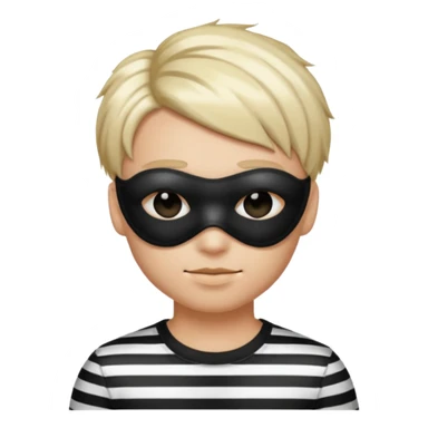Realistic ios emoji-style portrait of a classic burglar, a black eye mask and a black-and-white striped shirt. Highly detailed, natural skin texture, soft cinematic lighting, realistic shadows, smooth gradients, clean outline, glossy reflections in the eyes. emoji-like hair sticker