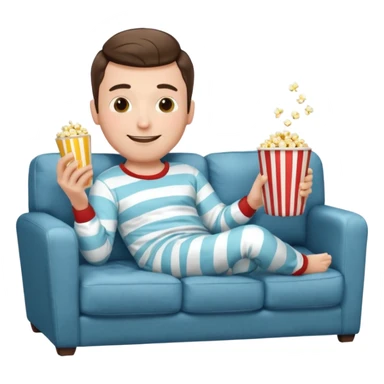 male memoji, lazy man in pajamas, lying on couch, holding TV remote, relaxed face, casual home vibe, popcorn bucket sticker