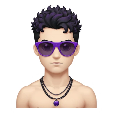 shirtless male athlete with white skin and moderately curly black hair on top with shaved sides, wearing purple sunglasses with very dark heavily tinted black lenses that completely hide the eyes, and a plain black chain necklace sticker