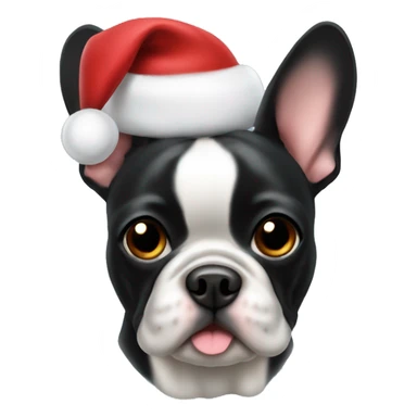 A black Frenchie with a Christmas hat sticker