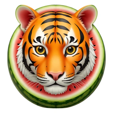 A round watermelon with green rind and a realistic tiger head attached to it sticker