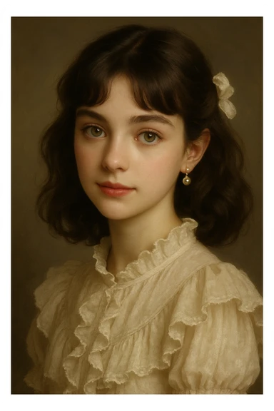 coquette girl with midi dark brown slightly wavy hair, bright skin, greenish hazel eyes, small cute lips, wearing a frilly blouse and pearl earrings sticker