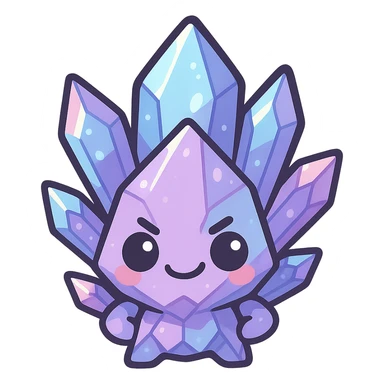 kawaii style emote of a crystal sprite creature, purple, blue, and pink, mischievous expression sticker