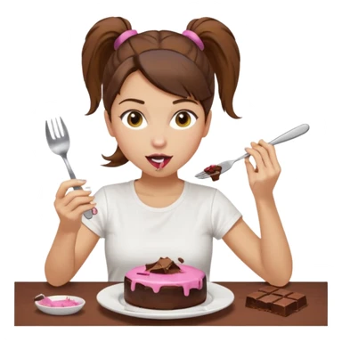 yellow-skinned woman with brown hair in a ponytail, wearing a white T-shirt. She’s sitting at a table, licking chocolate off a knife and holding a 'Banado' jar. On the table: a plate with crumbs, a fork, a glass of dark drink, and a pink lid. Simple brown background. sticker