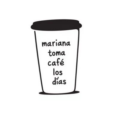 a hand drawn doodle of a coffee cup with the phrase 'mariana toma café todos los días' clearly visible sticker