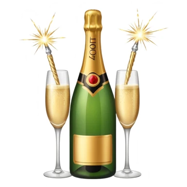 champagne bottle and champagne glasses and champagne sparklers on the bottle sticker