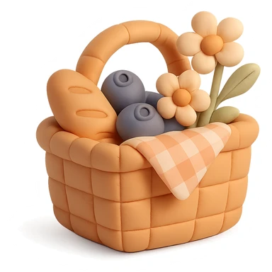 picnic basket with berries, bread, and flowers in warm pastel shades, cushion style sticker