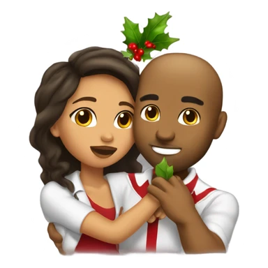Puerto Rican girl kissing light skin man under a mistletoe sticker