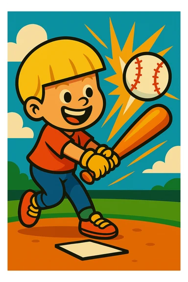 Change the boy's hair to blonde, keep the bowl cut, vibrant cartoon style, swinging a bat and hitting a baseball, home run moment, cheerful. sticker