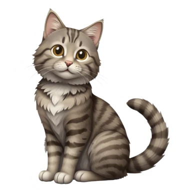 cinematic-[grey brown tabby cat]-realistic-full-body-sitting-emoji,-tail-curled-playfully-around-its-paws,-head-tilted-dramatically,-scruffy-[grey]-fur,-simplified-yet-realistic-focused-features,-highly-detailed,-glowing-with-an-almost-sarcastic-glow sticker