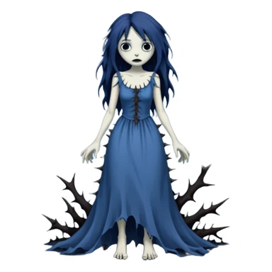 Gloomy ghostly fair lady with long ragged torn tattered dress, thorns across arms and legs, depressed face, ghoul-like gloomy dark greyish dull-colored deep-blue dark-black swampy monsterous lady woman (full body) sticker
